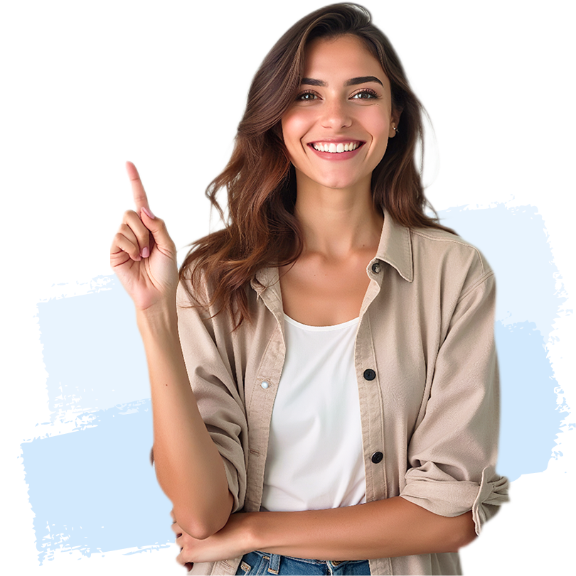 Happy woman pointing up